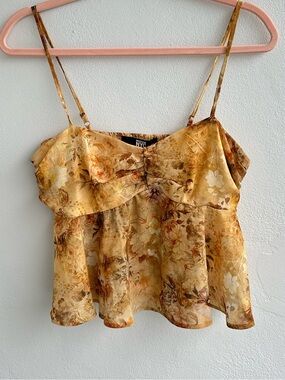 Madden NYC Golden Floral Chiffon Ruffle Overlay Smocked Crop Top Size Medium